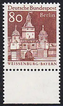 BERLIN 1966 Michel-Nummer 280 postfrisch EINZELMARKE RAND unten - Deutsche Bauwerke aus zwölf Jahrhunderten: Ellinger Tor, Weißenburg (Bayern)