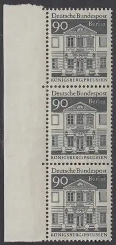 BERLIN 1966 Michel-Nummer 281 postfrisch vert.STRIP(3) RAND links - Deutsche Bauwerke aus zwölf Jahrhunderten: Zschokkesches Damenstift, Königsberg