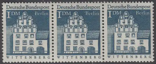 BERLIN 1966 Michel-Nummer 282 postfrisch horiz.STRIP(3) - Deutsche Bauwerke aus zwölf Jahrhunderten: Melanchthonhaus, Wittenberg