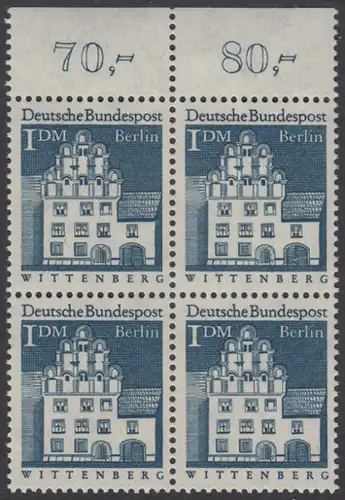 BERLIN 1966 Michel-Nummer 282 postfrisch BLOCK RÄNDER oben (a03) - Deutsche Bauwerke aus zwölf Jahrhunderten: Melanchthonhaus, Wittenberg
