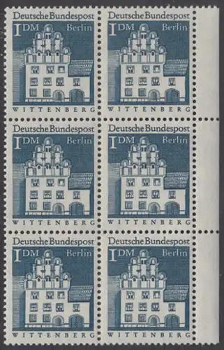 BERLIN 1966 Michel-Nummer 282 postfrisch vert.BLOCK(6) RÄNDER rechts - Deutsche Bauwerke aus zwölf Jahrhunderten: Melanchthonhaus, Wittenberg