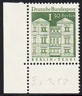 BERLIN 1966 Michel-Nummer 284 postfrisch EINZELMARKE ECKRAND unten links (a) - Deutsche Bauwerke aus zwölf Jahrhunderten: Schloss Tegel, Berlin