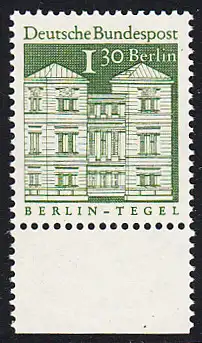 BERLIN 1966 Michel-Nummer 284 postfrisch EINZELMARKE RAND unten - Deutsche Bauwerke aus zwölf Jahrhunderten: Schloss Tegel, Berlin