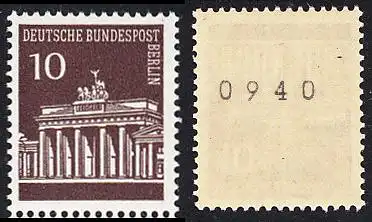 BERLIN 1966 Michel-Nummer 286 postfrisch EINZELMARKE m/ rücks.Rollennummer 0940 - Brandenburger Tor