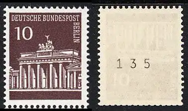BERLIN 1966 Michel-Nummer 286 postfrisch EINZELMARKE m/ rücks.Rollennummer 135 - Brandenburger Tor