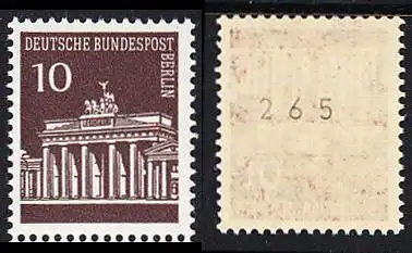 BERLIN 1966 Michel-Nummer 286 postfrisch EINZELMARKE m/ rücks.Rollennummer 265 - Brandenburger Tor
