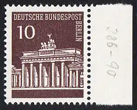 BERLIN 1966 Michel-Nummer 286 postfrisch EINZELMARKE RAND rechts (b) - Brandenburger Tor