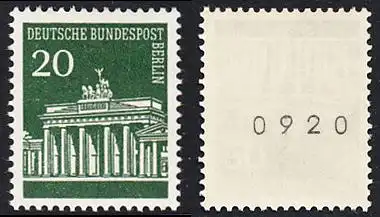BERLIN 1966 Michel-Nummer 287 postfrisch EINZELMARKE m/ rücks.Rollennummer 0920 - Brandenburger Tor