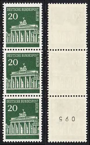 BERLIN 1966 Michel-Nummer 287 postfrisch vert.STRIP(3) m/ rücks.Rollennummer 095 - Brandenburger Tor