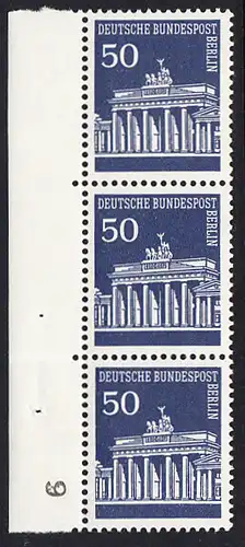 BERLIN 1966 Michel-Nummer 289 postfrisch vert.STRIP(3) RAND links - Brandenburger Tor