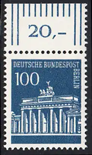 BERLIN 1966 Michel-Nummer 290 postfrisch EINZELMARKE RAND oben (b) - Brandenburger Tor