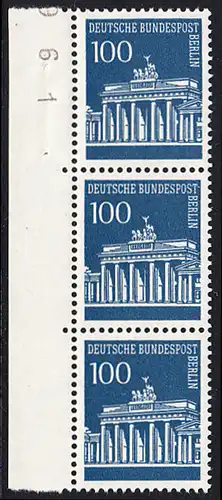 BERLIN 1966 Michel-Nummer 290 postfrisch vert.STRIP(3) RAND links - Brandenburger Tor