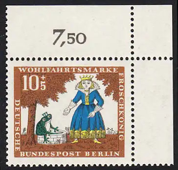 BERLIN 1966 Michel-Nummer 295 postfrisch EINZELMARKE ECKRAND oben rechts - Märchen der Brüder Grimm: Der Froschkönig