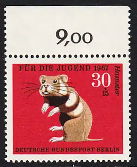 BERLIN 1967 Michel-Nummer 301 postfrisch EINZELMARKE RAND oben - Pelztiere: Feldhamster