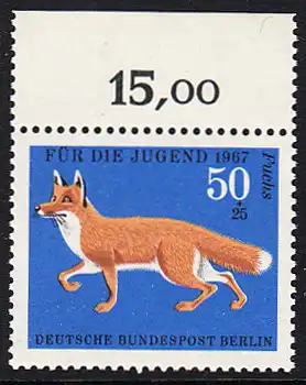 BERLIN 1967 Michel-Nummer 302 postfrisch EINZELMARKE RAND oben - Pelztiere: Rotfuchs