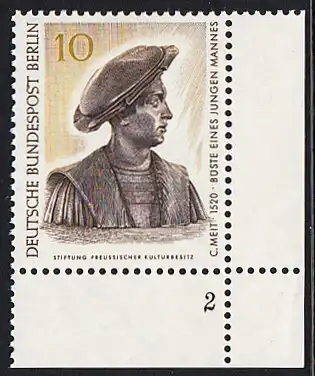 BERLIN 1967 Michel-Nummer 303 postfrisch EINZELMARKE ECKRAND unten rechts (m/ Formnummer) - Berliner Kunstschätze: Büste eines jungen Mannes