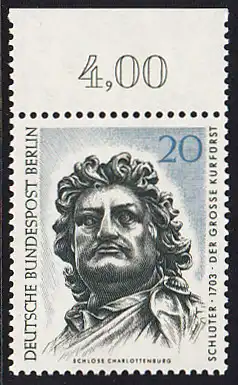 BERLIN 1967 Michel-Nummer 304 postfrisch EINZELMARKE RAND oben (c) - Berliner Kunstschätze: Der Große Kurfürst, Kopf des Reiterstandbildes