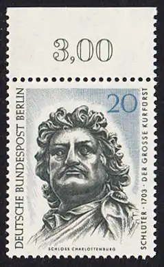 BERLIN 1967 Michel-Nummer 304 postfrisch EINZELMARKE RAND oben (b) - Berliner Kunstschätze: Der Große Kurfürst, Kopf des Reiterstandbildes