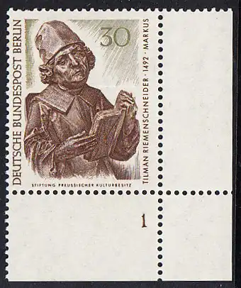 BERLIN 1967 Michel-Nummer 305 postfrisch EINZELMARKE ECKRAND unten rechts (m/ Formnummer) - Berliner Kunstschätze: Evangelist Markus, Detail des Münnerstädter Altars