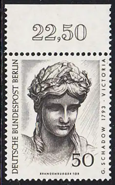 BERLIN 1967 Michel-Nummer 306 postfrisch EINZELMARKE RAND oben (f) - Berliner Kunstschätze: Kopf der Victoria, Detail der Quadriga auf dem Brandenburger Tor