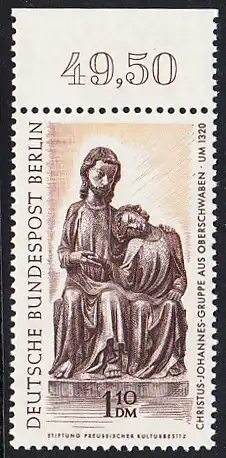 BERLIN 1967 Michel-Nummer 308 postfrisch EINZELMARKE RAND oben (e) - Berliner Kunstschätze: Christus-Johannes-Gruppe, Holzstatue