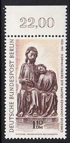 BERLIN 1967 Michel-Nummer 308 postfrisch EINZELMARKE RAND oben (c) - Berliner Kunstschätze: Christus-Johannes-Gruppe, Holzstatue