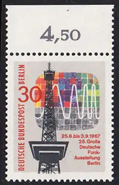 BERLIN 1967 Michel-Nummer 309 postfrisch EINZELMARKE RAND oben (b) - Große Deutsche Funkausstellung, Berlin