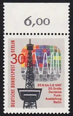 BERLIN 1967 Michel-Nummer 309 postfrisch EINZELMARKE RAND oben (c) - Große Deutsche Funkausstellung, Berlin