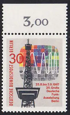 BERLIN 1967 Michel-Nummer 309 postfrisch EINZELMARKE RAND oben (a) - Große Deutsche Funkausstellung, Berlin