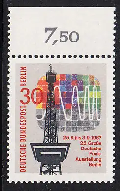 BERLIN 1967 Michel-Nummer 309 postfrisch EINZELMARKE RAND oben (d) - Große Deutsche Funkausstellung, Berlin