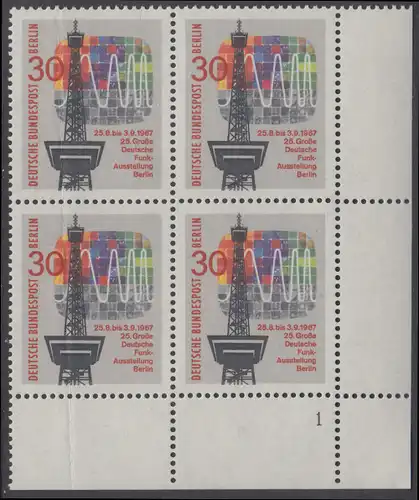 BERLIN 1967 Michel-Nummer 309 postfrisch BLOCK ECKRAND unten rechts m/ Formnummer (a01) - Große Deutsche Funkausstellung, Berlin