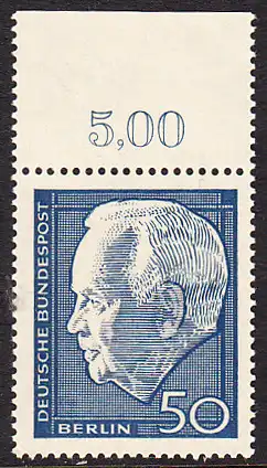 BERLIN 1967 Michel-Nummer 315 postfrisch EINZELMARKE RAND oben - Wiederwahl des Bundespräsidenten Heinrich Lübke