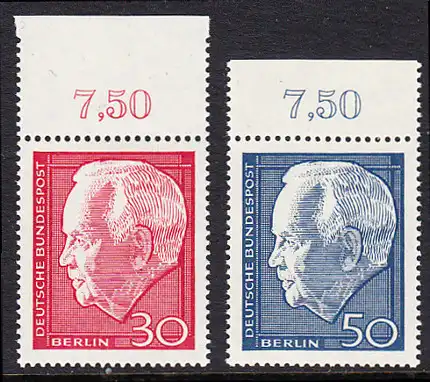 BERLIN 1967 Michel-Nummer 314-315 postfrisch SATZ(2) EINZELMARKEN RÄNDER oben (x) - Wiederwahl des Bundespräsidenten Heinrich Lübke