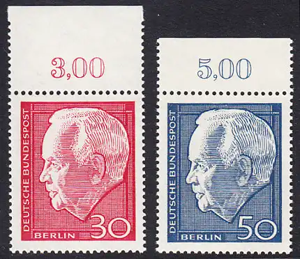 BERLIN 1967 Michel-Nummer 314-315 postfrisch SATZ(2) EINZELMARKEN RÄNDER oben (a) - Wiederwahl des Bundespräsidenten Heinrich Lübke