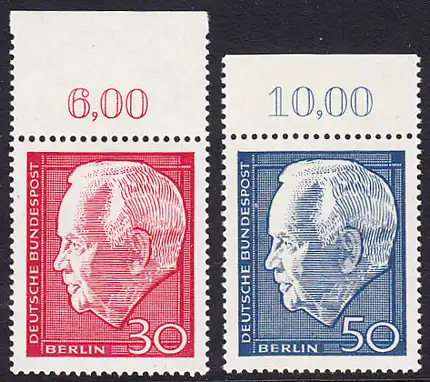 BERLIN 1967 Michel-Nummer 314-315 postfrisch SATZ(2) EINZELMARKEN RÄNDER oben (c) - Wiederwahl des Bundespräsidenten Heinrich Lübke