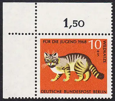 BERLIN 1968 Michel-Nummer 316 postfrisch EINZELMARKE ECKRAND oben links - Vom Aussterben bedrohte Tiere: Mitteleuropäische Wildkatze