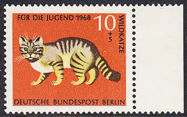 BERLIN 1968 Michel-Nummer 316 postfrisch EINZELMARKE RAND rechts - Vom Aussterben bedrohte Tiere: Mitteleuropäische Wildkatze