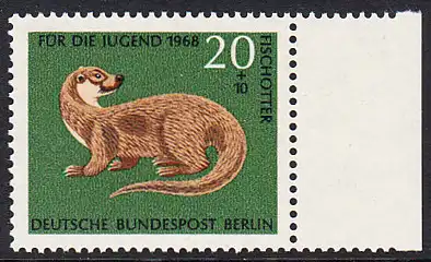 BERLIN 1968 Michel-Nummer 317 postfrisch EINZELMARKE RAND rechts - Vom Aussterben bedrohte Tiere: Fischotter