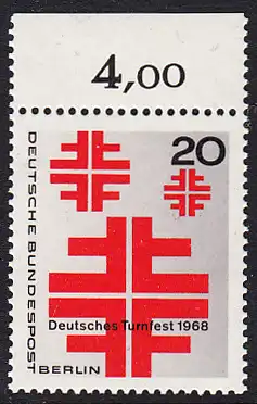 BERLIN 1968 Michel-Nummer 321 postfrisch EINZELMARKE RAND oben (c) - Deutsches Turnfest, Berlin