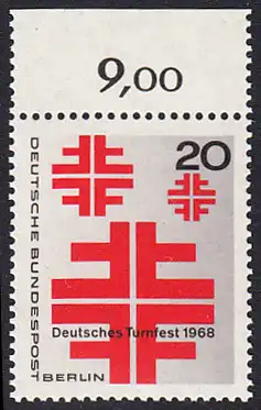 BERLIN 1968 Michel-Nummer 321 postfrisch EINZELMARKE RAND oben (k) - Deutsches Turnfest, Berlin