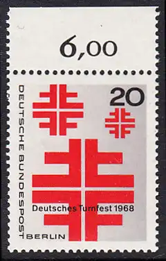 BERLIN 1968 Michel-Nummer 321 postfrisch EINZELMARKE RAND oben (e) - Deutsches Turnfest, Berlin