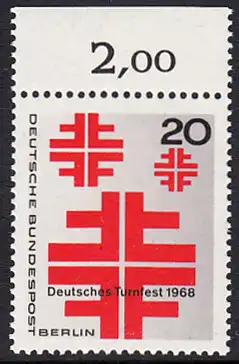 BERLIN 1968 Michel-Nummer 321 postfrisch EINZELMARKE RAND oben (a) - Deutsches Turnfest, Berlin