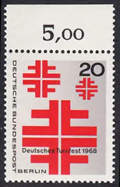 BERLIN 1968 Michel-Nummer 321 postfrisch EINZELMARKE RAND oben (d) - Deutsches Turnfest, Berlin