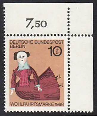 BERLIN 1968 Michel-Nummer 322 postfrisch EINZELMARKE ECKRAND oben rechts - Puppen