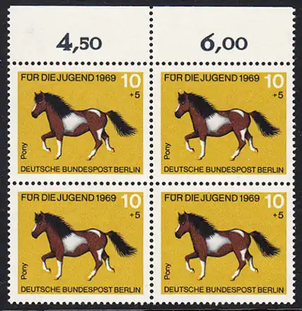 BERLIN 1969 Michel-Nummer 326 postfrisch BLOCK RÄNDER oben - Pferde: Pony