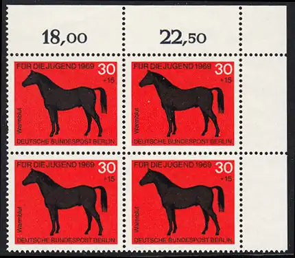 BERLIN 1969 Michel-Nummer 328 postfrisch BLOCK ECKRAND oben rechts - Pferde: Warmblut