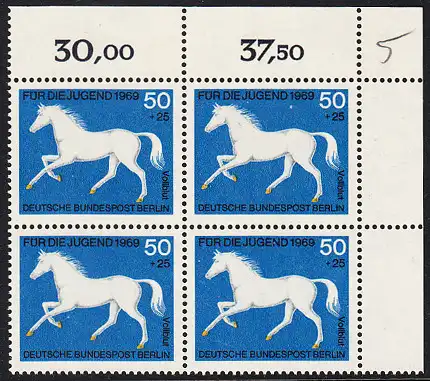 BERLIN 1969 Michel-Nummer 329 postfrisch BLOCK ECKRAND oben rechts - Pferde: Vollblut