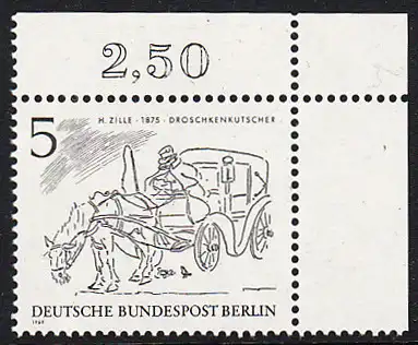 BERLIN 1969 Michel-Nummer 330 postfrisch EINZELMARKE ECKRAND oben rechts - Berliner des 19. Jahrhunderts: Droschkenkutscher