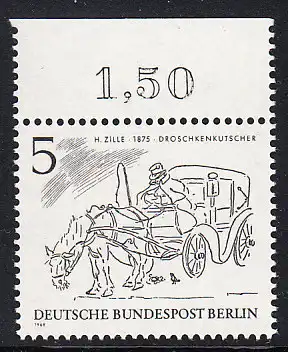 BERLIN 1969 Michel-Nummer 330 postfrisch EINZELMARKE RAND oben (b) - Berliner des 19. Jahrhunderts: Droschkenkutscher