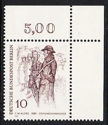 BERLIN 1969 Michel-Nummer 331 postfrisch EINZELMARKE ECKRAND oben rechts - Berliner des 19. Jahrhunderts: Zeitungsverkäufer